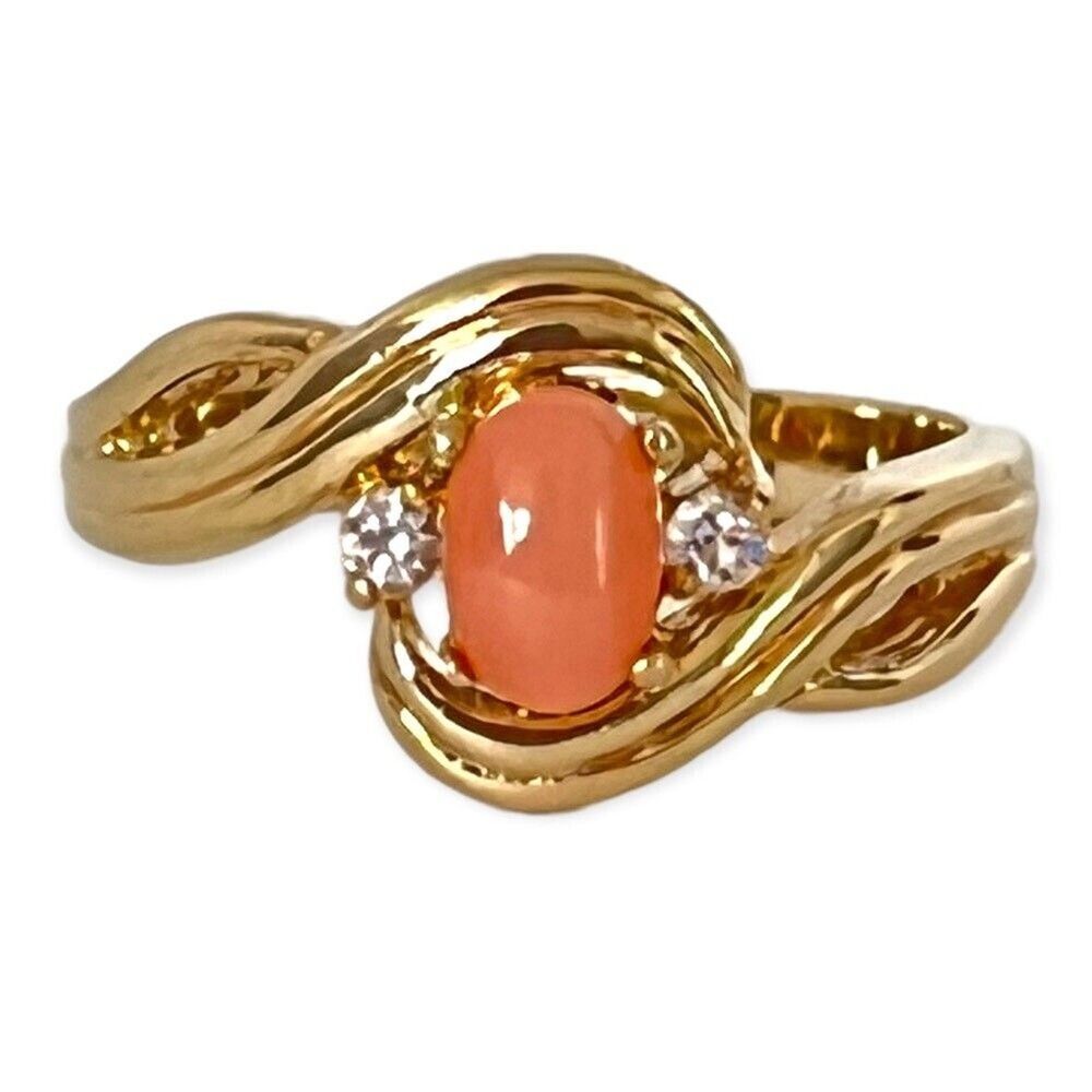 Vintage 1970s Ring Size 5 Genuine Coral Cabochon CZ Bypass Gold Plated - 14M